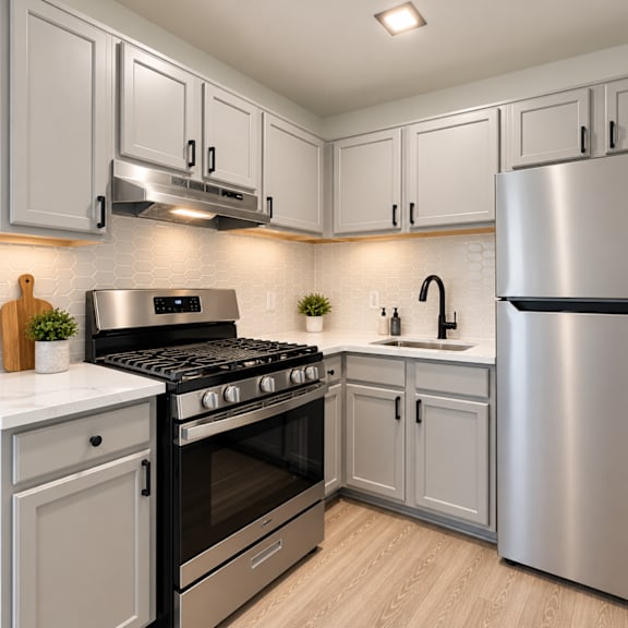 modern kitchen with stainless steel appliances at the wyman hills ahr llc apartments, baltimore