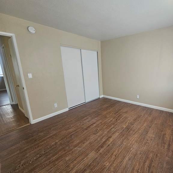 a room with a wood floor and a white closet.
