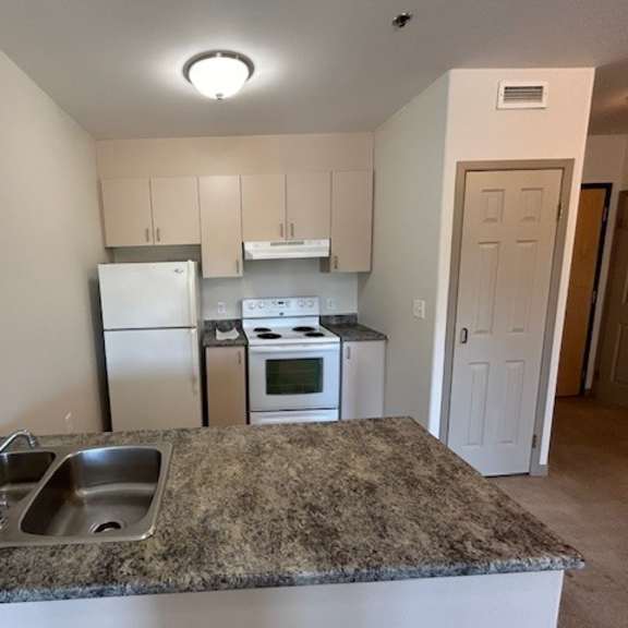 a kitchen with granite countertops and white appliances.