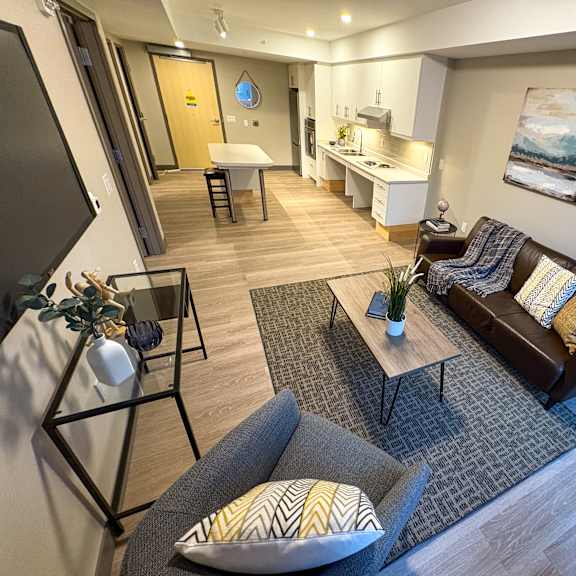 a living room with a grey couch and a coffee table.
