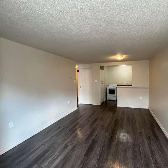 a spacious room with wood flooring and white walls.