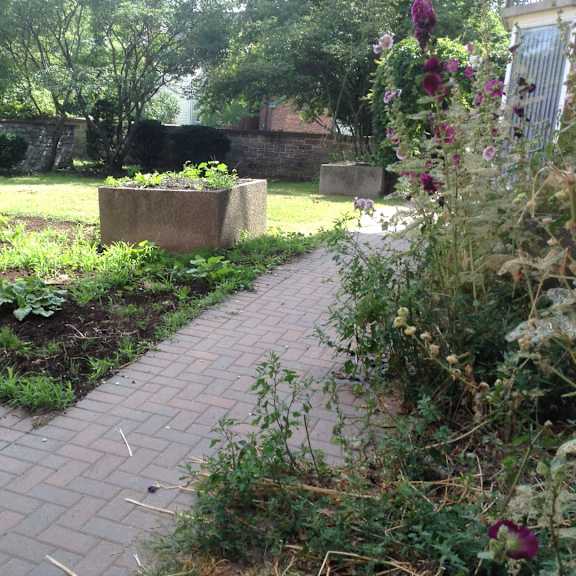 a garden with a brick pathway and a stone wall in the background.