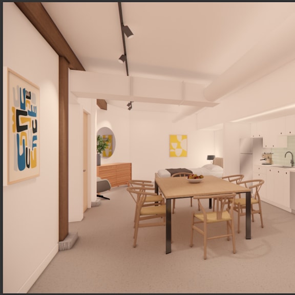 a room with a dining table and chairs.