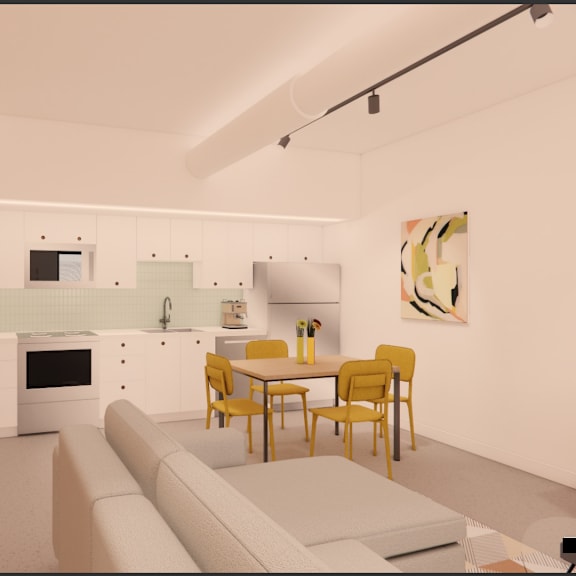 a modern living room with a white couch and yellow chairs.