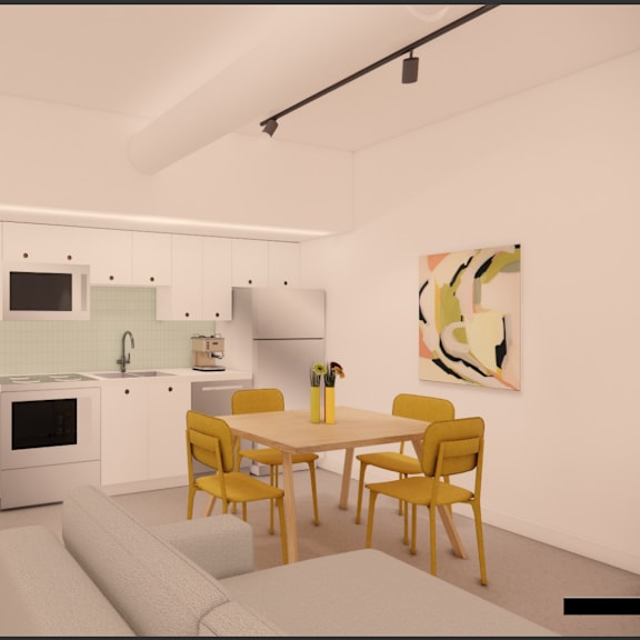 a modern kitchen with a dining table and chairs.