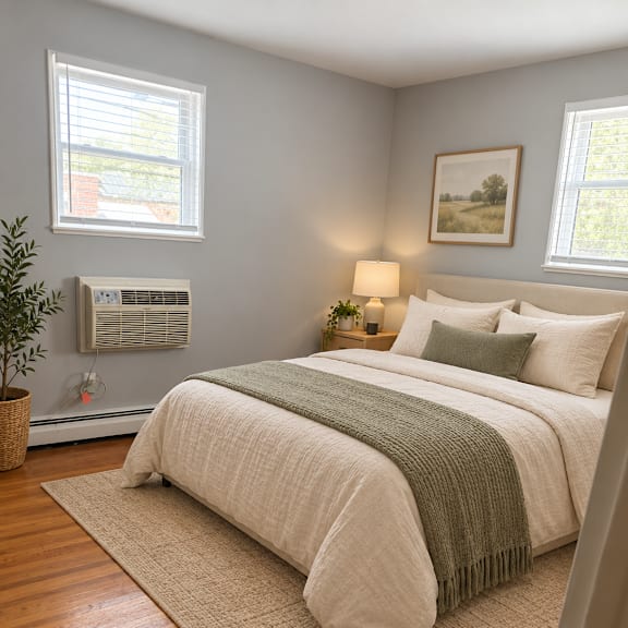 a bedroom with a large bed and a plant on the side table.