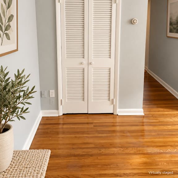 a white door with shutters is in a room with a plant and a rug.
