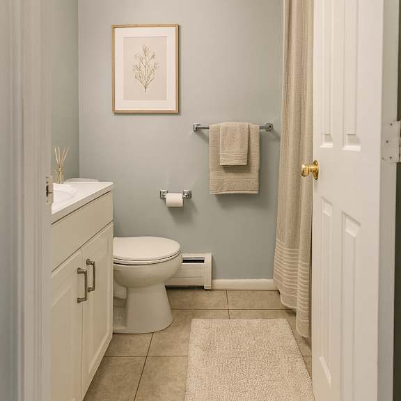 a bathroom with a toilet, sink, and towel rack.