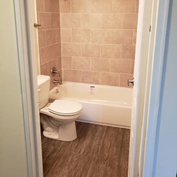 a bathroom with a toilet and a bath tub