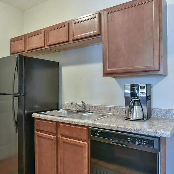 a kitchen with a black refrigerator and a sink