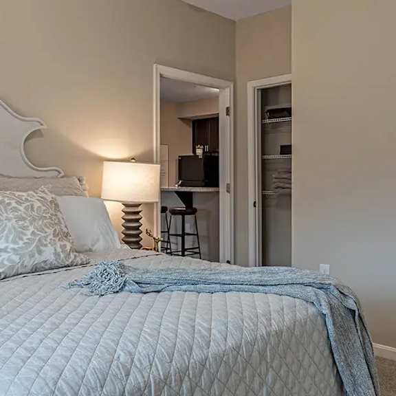 a bedroom with a bed and a closet