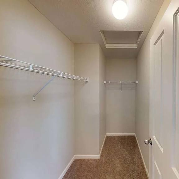 a walk in closet in an empty room with a mirrored closet door