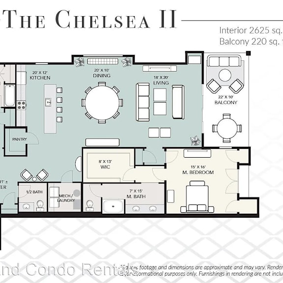 a floor plan for a condo named the chelsea ii, showing the layout of the interior spaces.