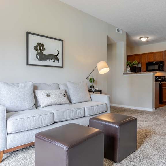 a living room with a white couch and a brown ottoman.