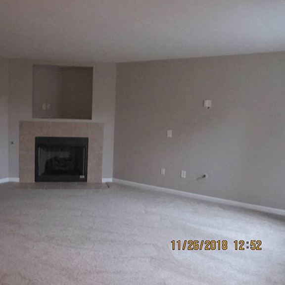 a room with a fireplace and carpeting on the floor.
