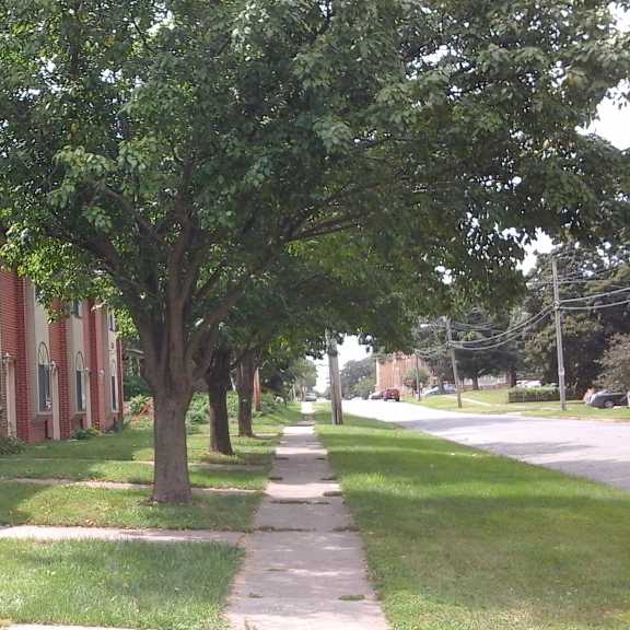a row of houses on the side of a sidewalk