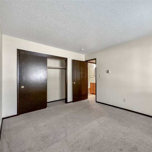 a room with a carpeted floor and two doors.