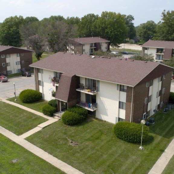 an aerial view of several houses in a neighborhood
