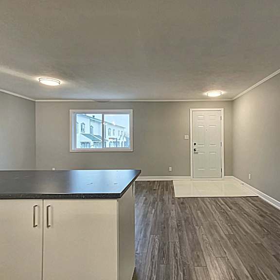a room with a black countertop and a white door.