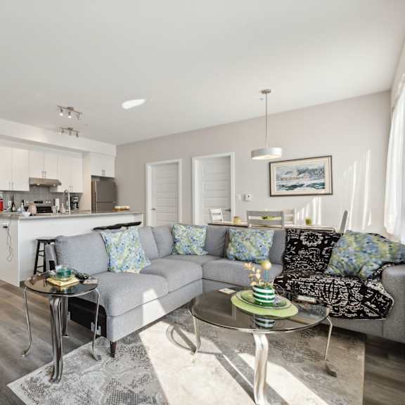 a modern living room with a grey couch and a glass coffee table.