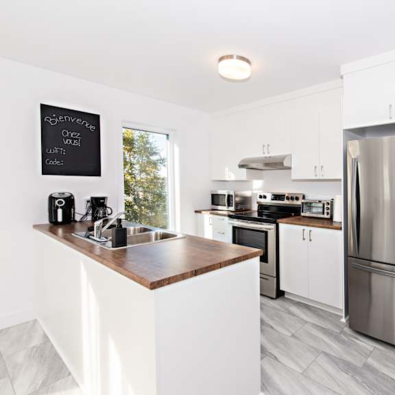 a modern kitchen with a refrigerator, sink, and cabinets.