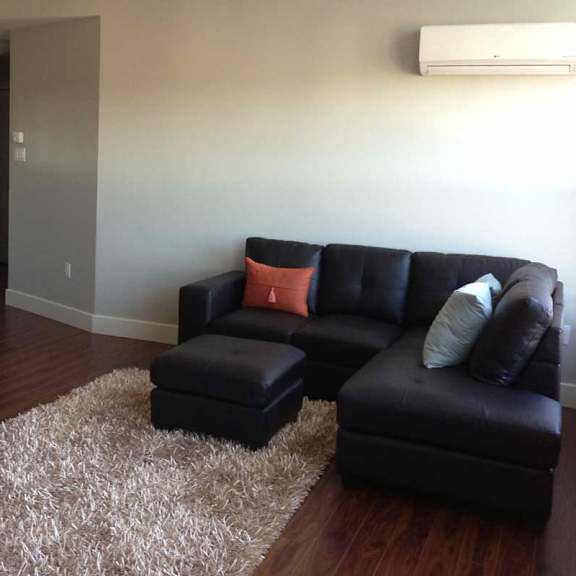 a black leather couch with a white chair and a white vase with a plant in it.