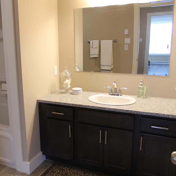 a bathroom with a sink, mirror, and shower.