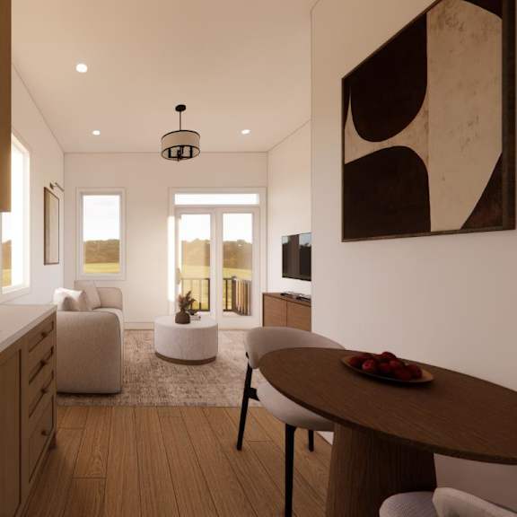 a modern kitchen with a wooden table and chairs.