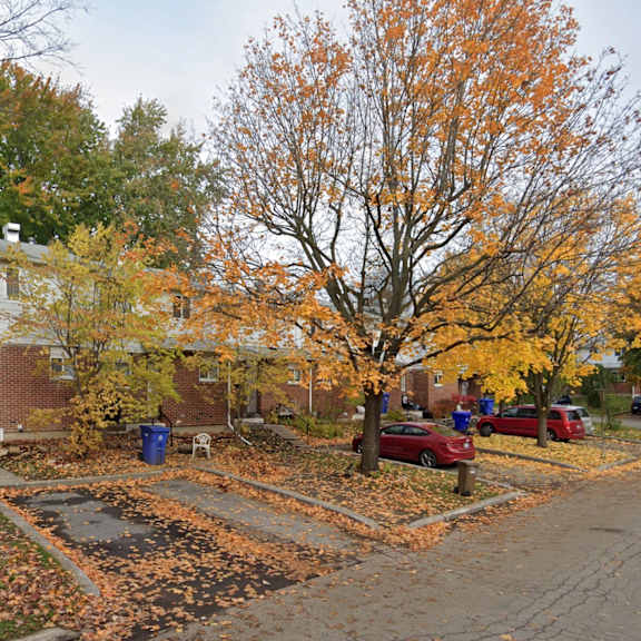 a house with a driveway and trees with orange leaves.