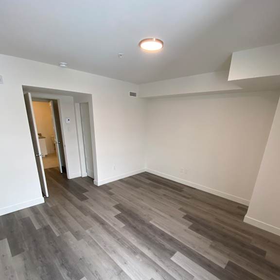 a room with a wooden floor and a white door.