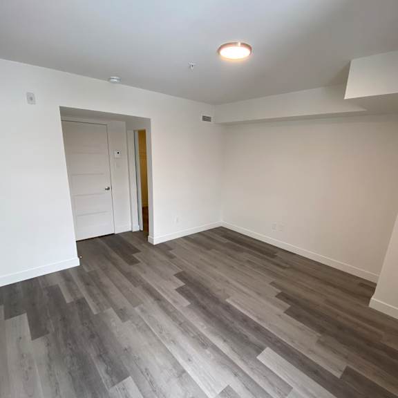 a room with a wooden floor and a white door.