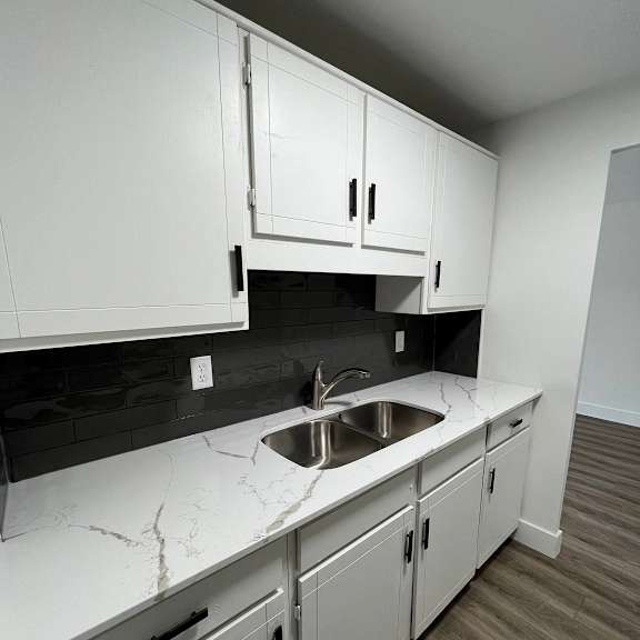 a kitchen with white cabinets and a marble countertop.
