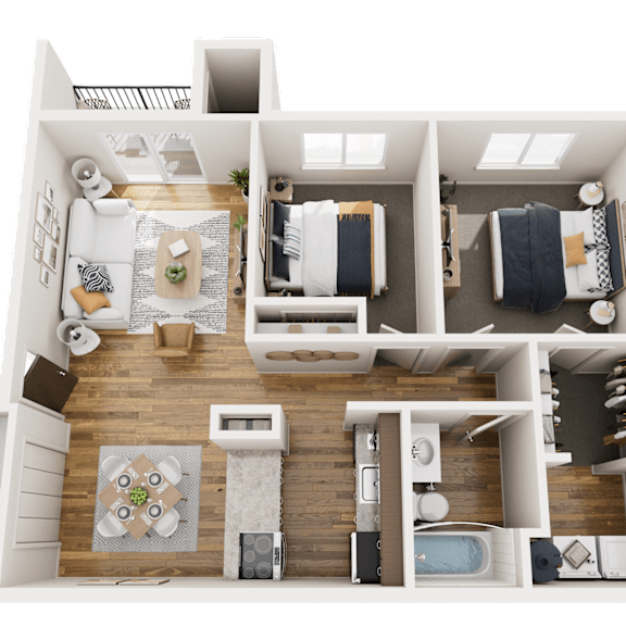 Thumbnail 2 of 2 A 3D floor plan of a small apartment with a kitchen, living room, and bathroom.
