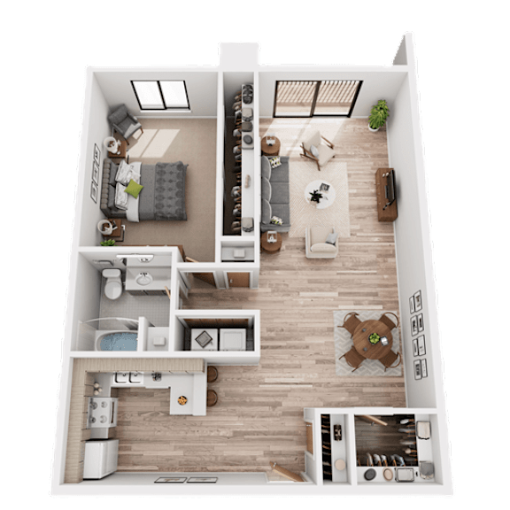 Thumbnail 2 of 2 A detailed 3D floor plan of a two-story apartment.