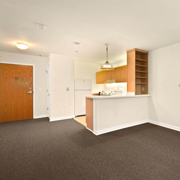 a room with a white counter and brown carpet.