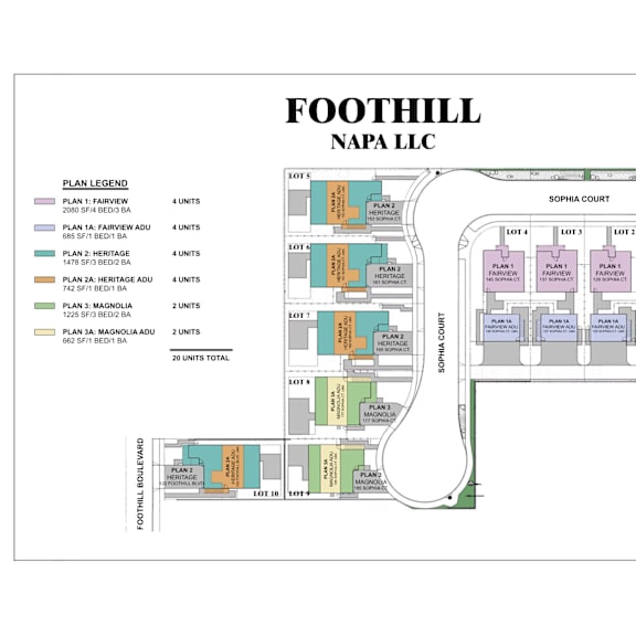 a map of the foothill napa llc property with various plans and units labeled.