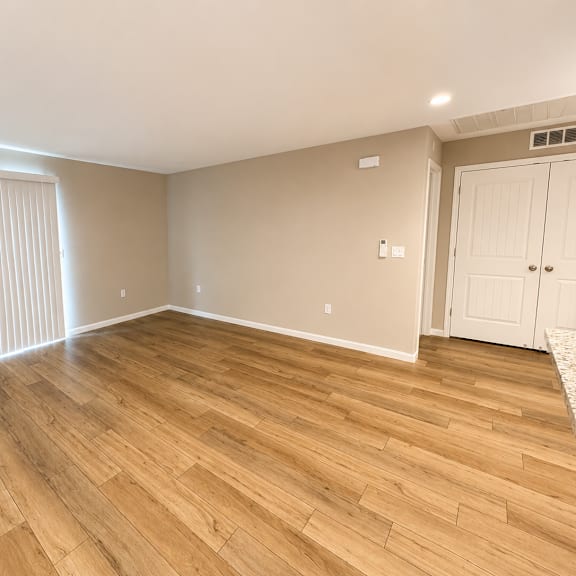 a room with wooden flooring and a white door.