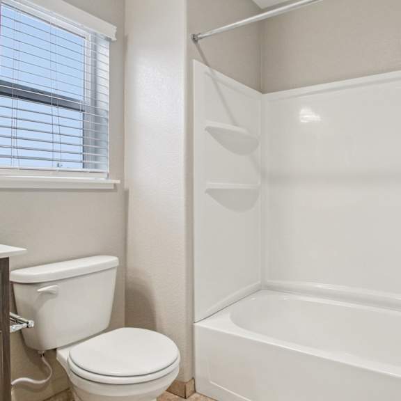 main bathroom with a toilet, tub, and shower.