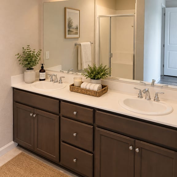 a bathroom with brown cabinets and a white counter top.