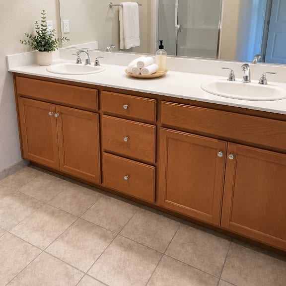 a bathroom with a white sink and brown cabinets.