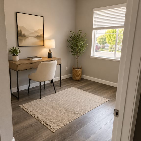 a room with a desk, chair, and a painting on the wall.