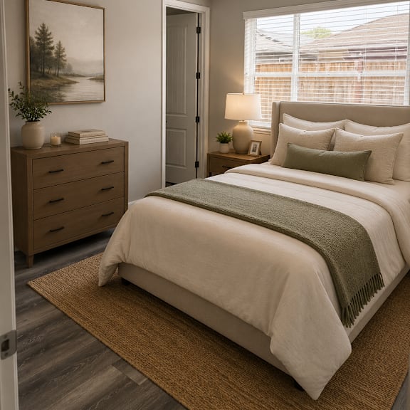 a bedroom with a large bed, a dresser, and a painting on the wall.