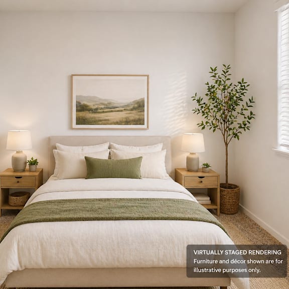 a bedroom with a large bed, two nightstands, and a painting on the wall.