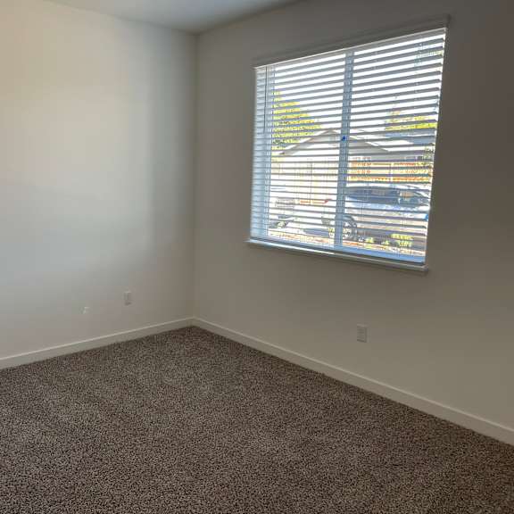 a room with a carpeted floor and a window with blinds.