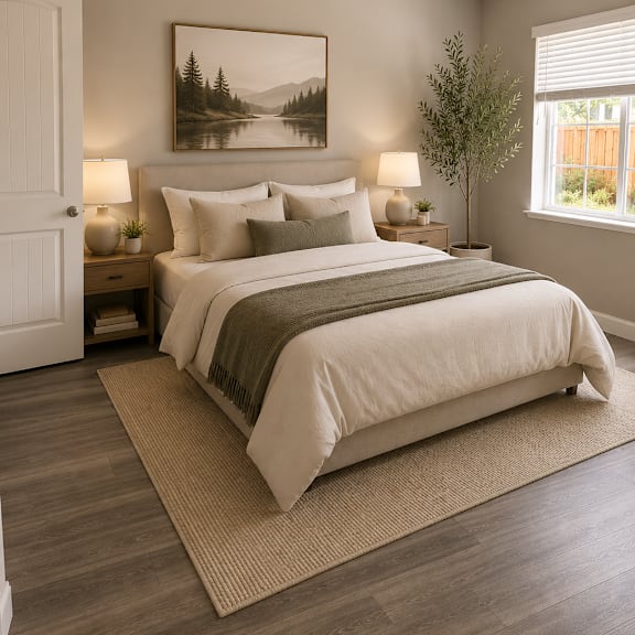 a bedroom with a large bed and a painting on the wall.