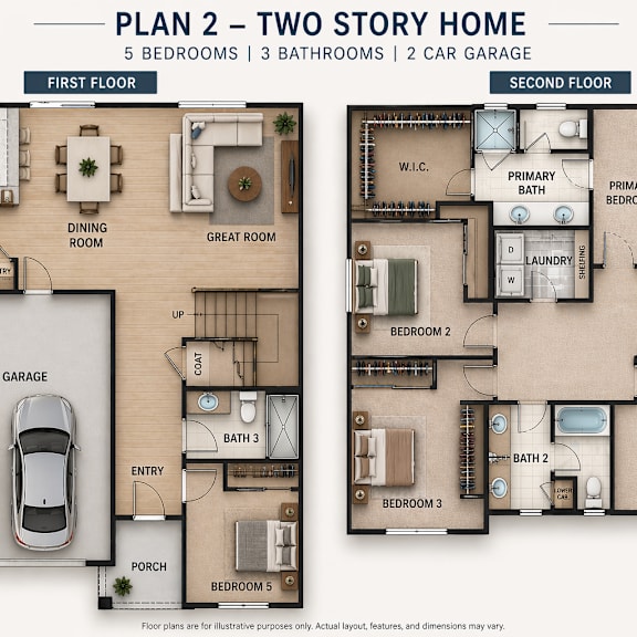 a two story home floor plan with 5 bedrooms and 3 bathrooms.