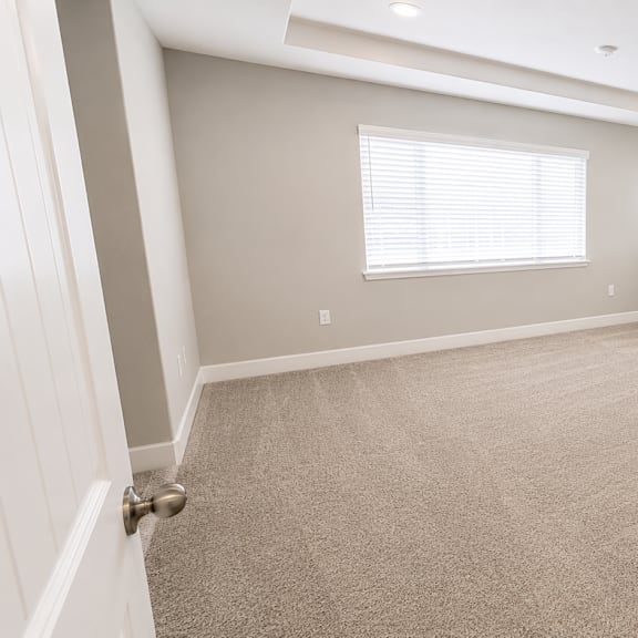 a room with carpeted floor and two windows.