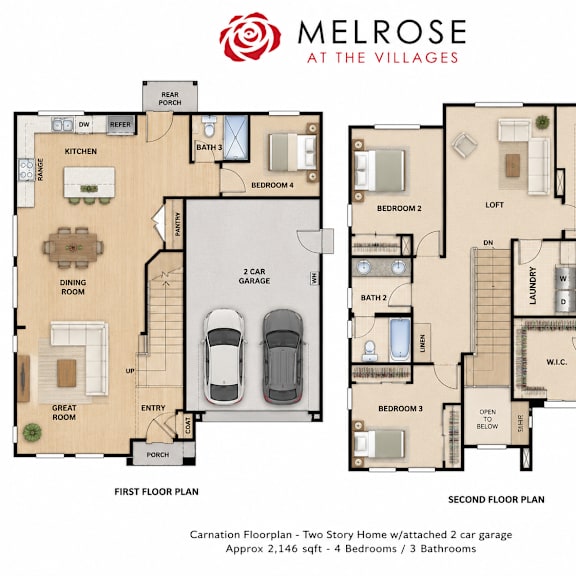 a floor plan for a two story home with attached garage.