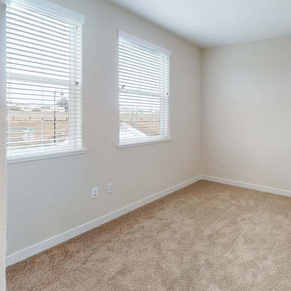 a room with carpeted floor and two windows.