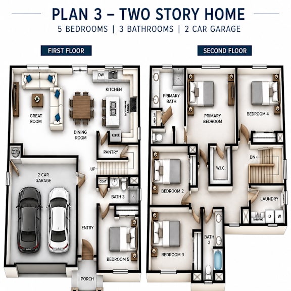 a diagram of a two story home with five bedrooms and three bathrooms.